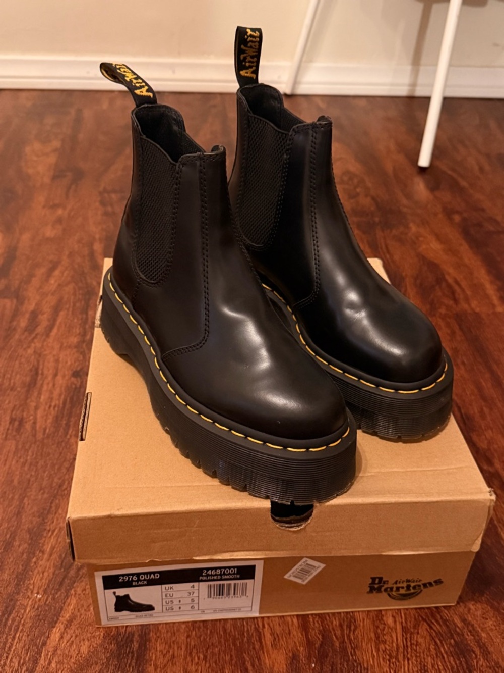Dr. Martens Black Leather Platform Chelsea Boots with Yellow Stitching